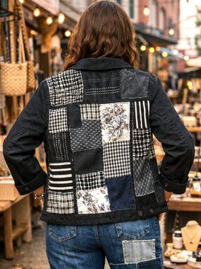 Upcycled Boho Patchwork Jacket Handmade Black White Tattered Patches Size 12